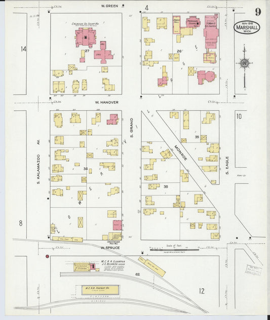 Sanborn Fire Insurance Map from Marshall, Calhoun County, Michigan (1916), Sheet #0009 - Historic Sanborn Fire Insurance Map Print, vintage old map wall art, antique decor, genealogy gift, Michigan Michigan map