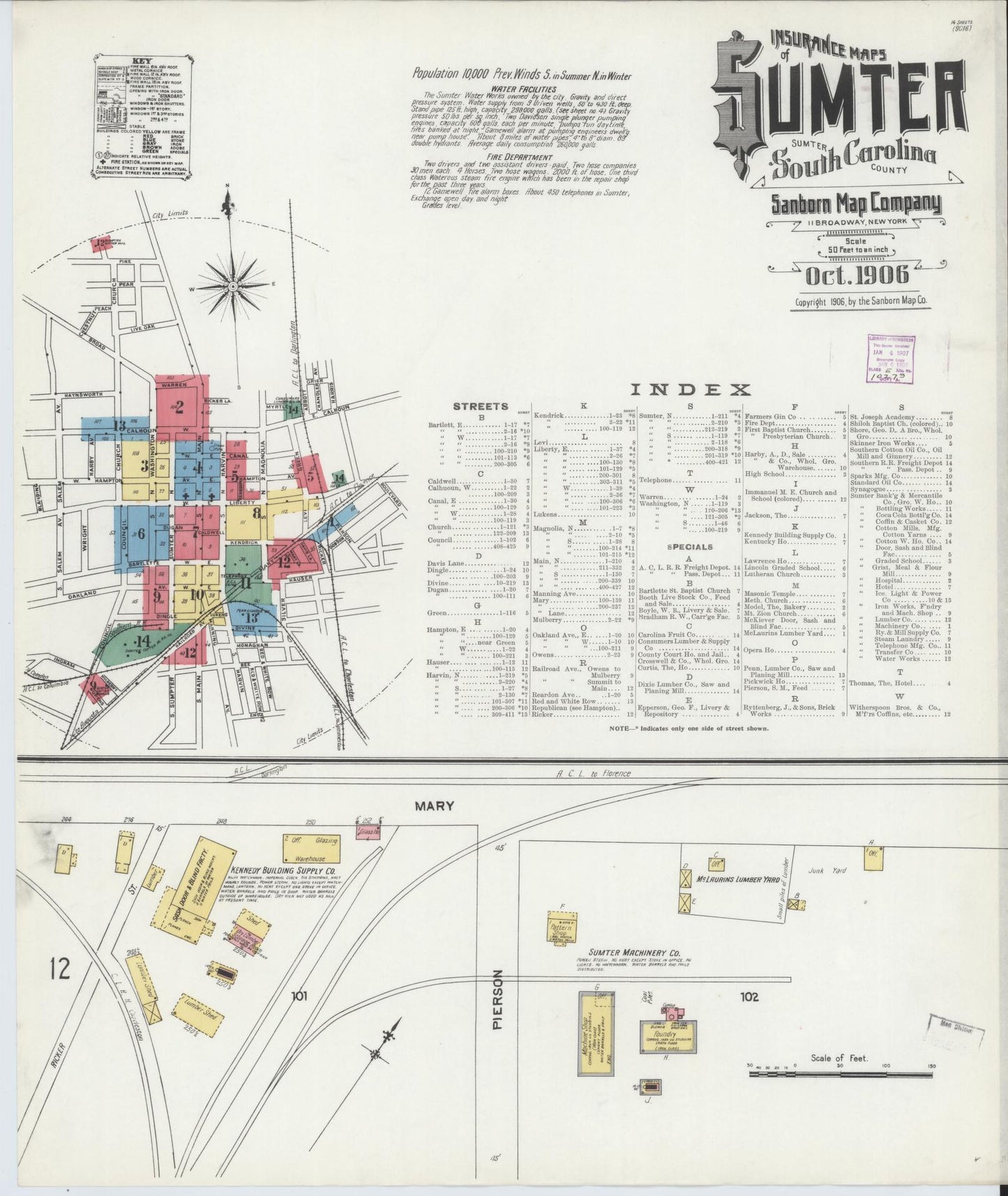 Sanborn Fire Insurance Map from Sumter, Sumter County, South Carolina (1906), Sheet #0001 - Historic Sanborn Fire Insurance Map Print, vintage old map wall art, antique decor, genealogy gift, South Carolina South Carolina map