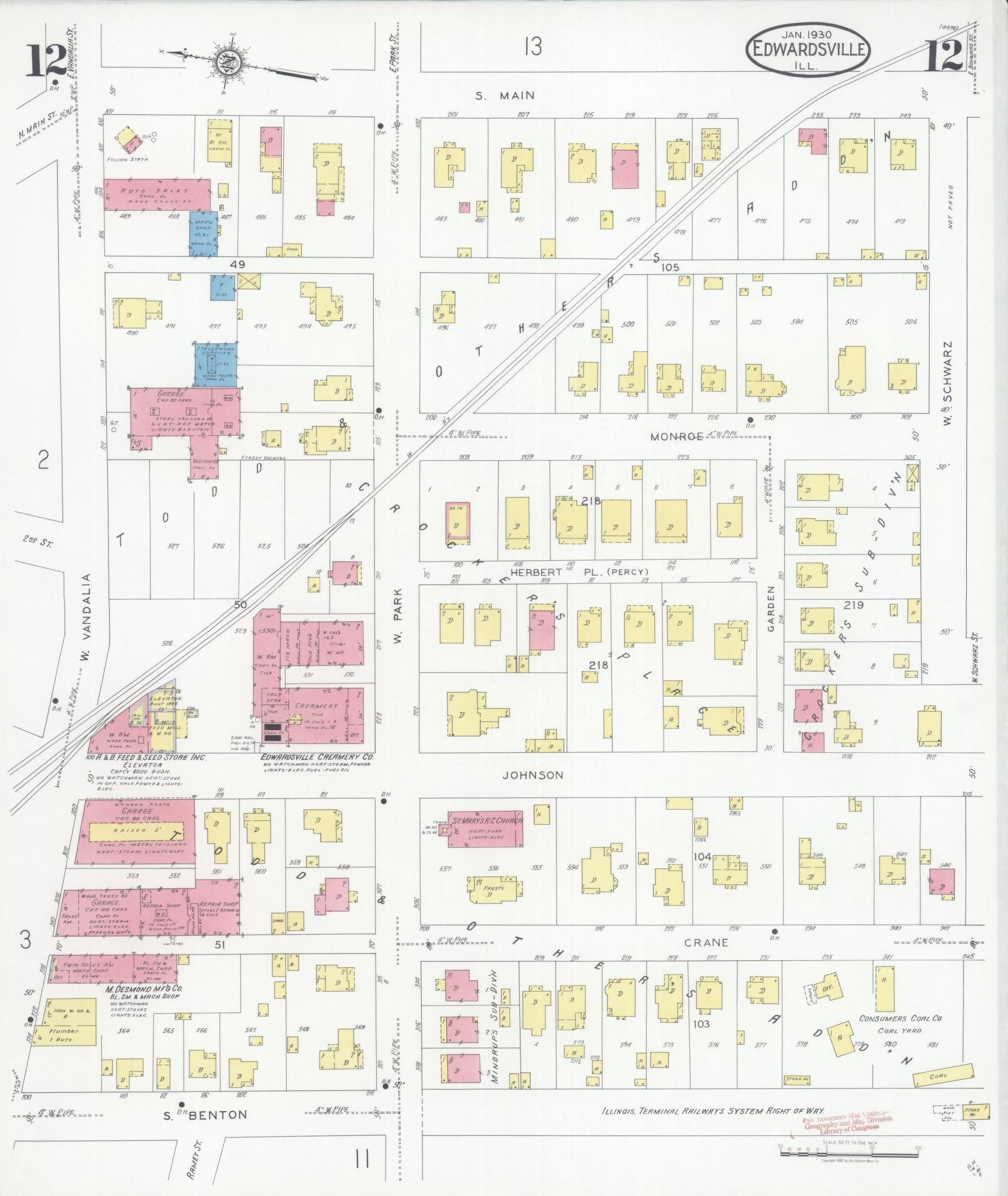 Sanborn Fire Insurance Map from Edwardsville, Madison County, Illinois (1930), Sheet #0012 - Historic Sanborn Fire Insurance Map Print, vintage old map wall art, antique decor, genealogy gift, Illinois Illinois map