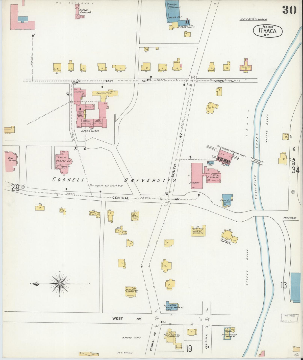 Sanborn Fire Insurance Map from Ithaca, Tompkins County, New York (1904), Sheet #0030 - Historic Sanborn Fire Insurance Map Print, vintage old map wall art, antique decor, genealogy gift, New York New York map