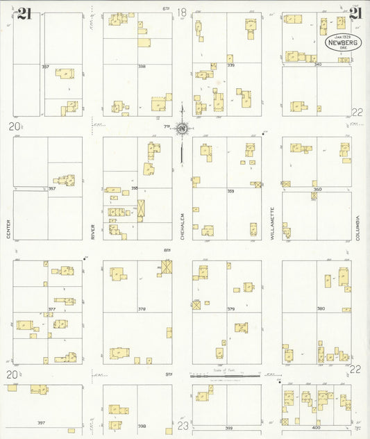 Sanborn Fire Insurance Map from Newberg, Yamhill County, Oregon (1929), Sheet #0021 - Historic Sanborn Fire Insurance Map Print, vintage old map wall art, antique decor, genealogy gift, Oregon Oregon map