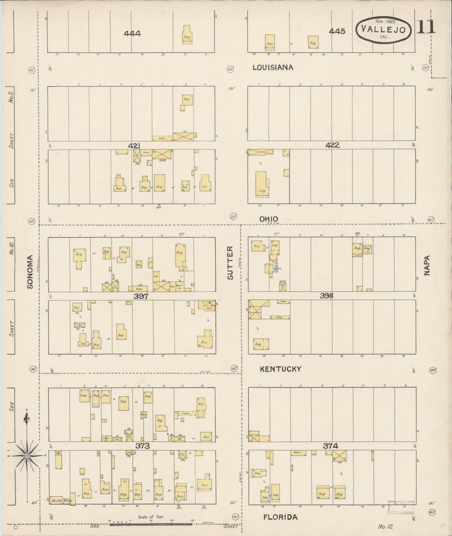Sanborn Fire Insurance Map from Vallejo, Solano County, California (1889), Sheet #0011 - Complete Map Set gallery image, historic Sanborn map, vintage wall art, California California