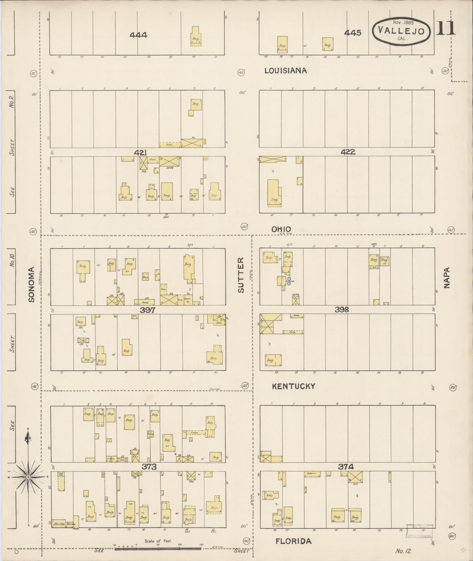 Sanborn Fire Insurance Map from Vallejo, Solano County, California (1889), Sheet #0011 - Complete Map Set gallery image, historic Sanborn map, vintage wall art, California California