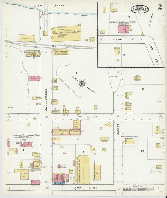 Sanborn Fire Insurance Map from Clarksville, Mecklenburg County, Virginia (1921), Sheet #0002 - Historic Sanborn Fire Insurance Map Print, vintage old map wall art, antique decor, genealogy gift, Virginia Virginia map