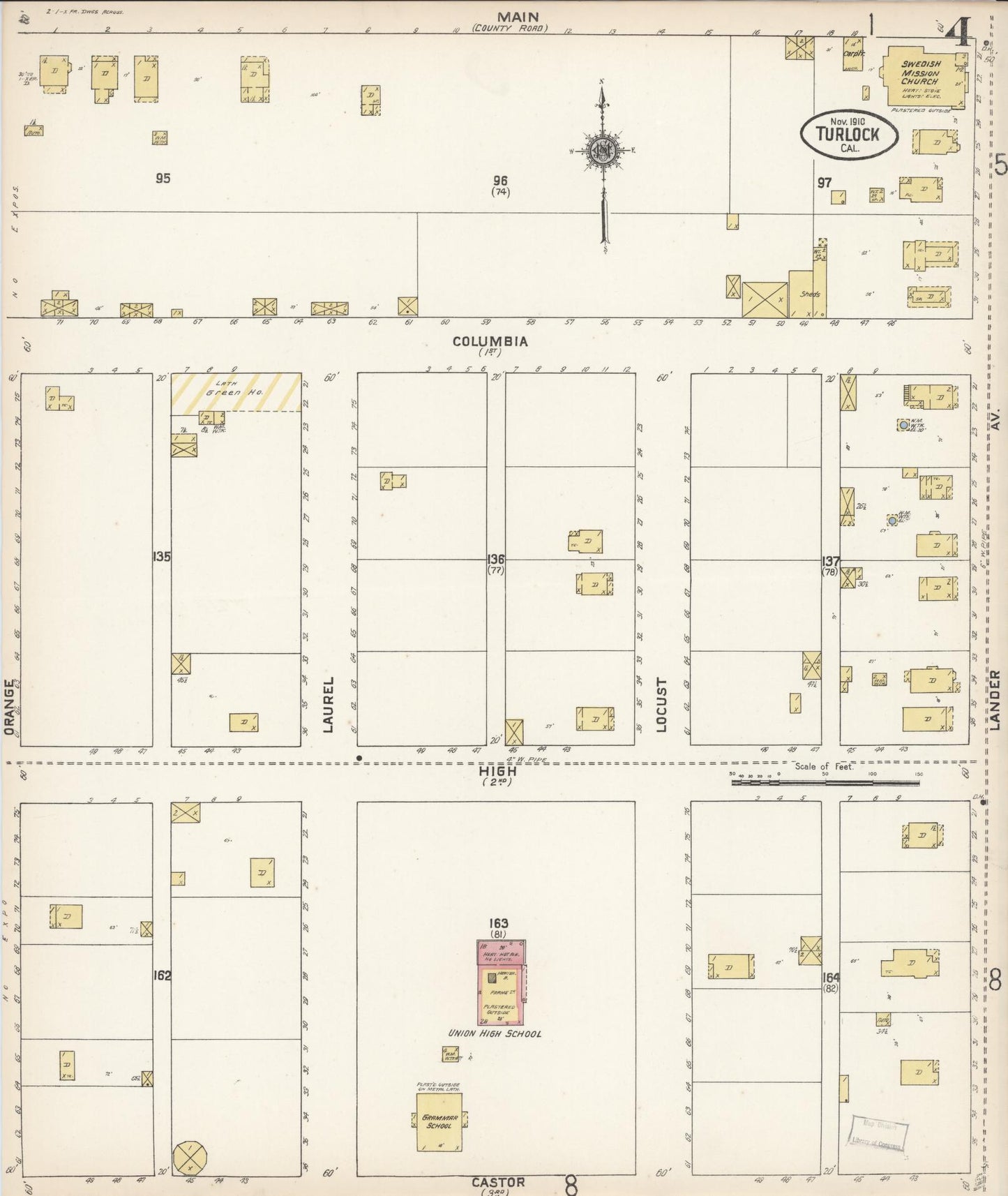 Sanborn Fire Insurance Map from Turlock, Stanislaus County, California (1910), Sheet #0004 - Complete Map Set gallery image, historic Sanborn map, vintage wall art, California California