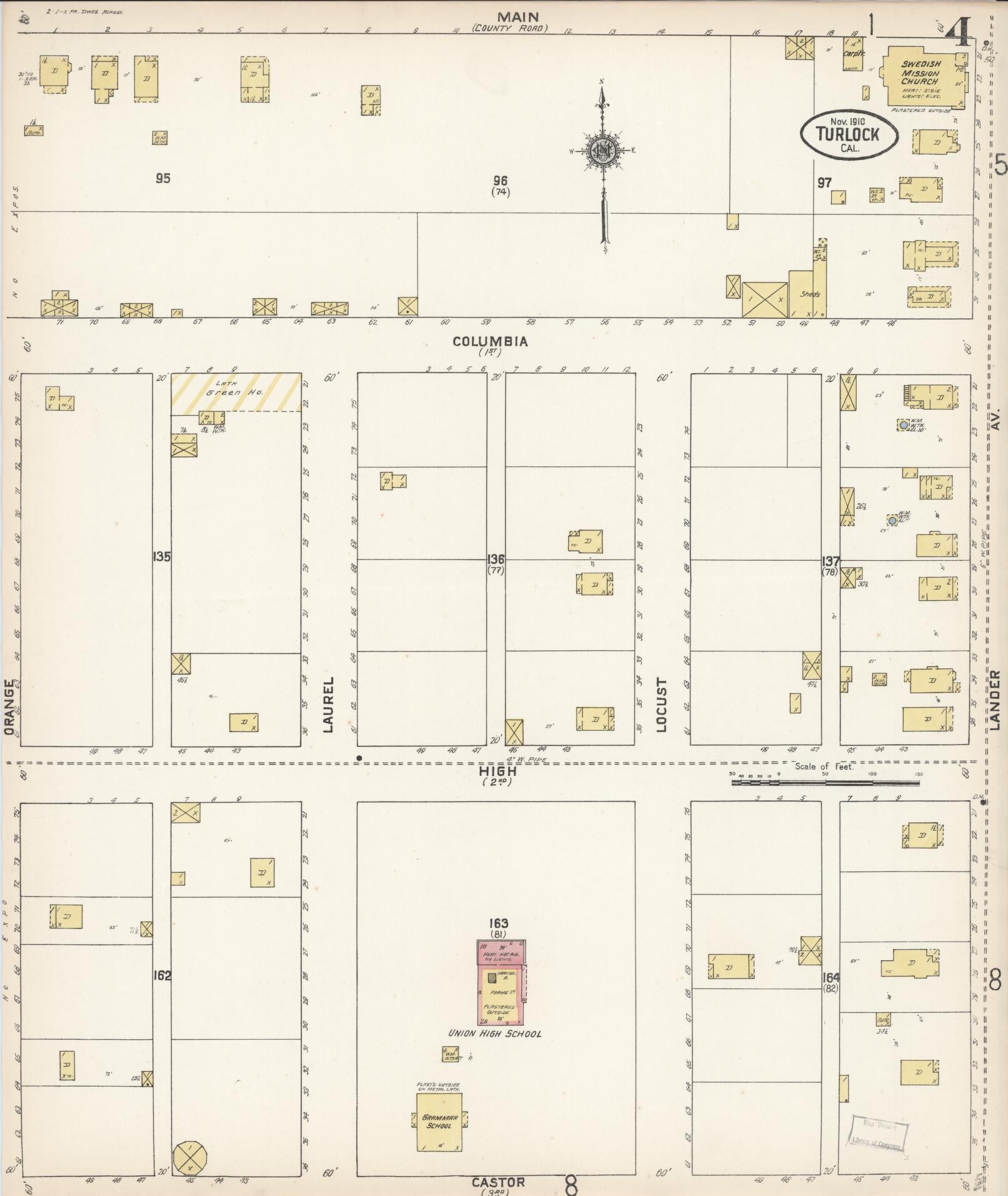 Sanborn Fire Insurance Map from Turlock, Stanislaus County, California (1910), Sheet #0004 - Complete Map Set gallery image, historic Sanborn map, vintage wall art, California California