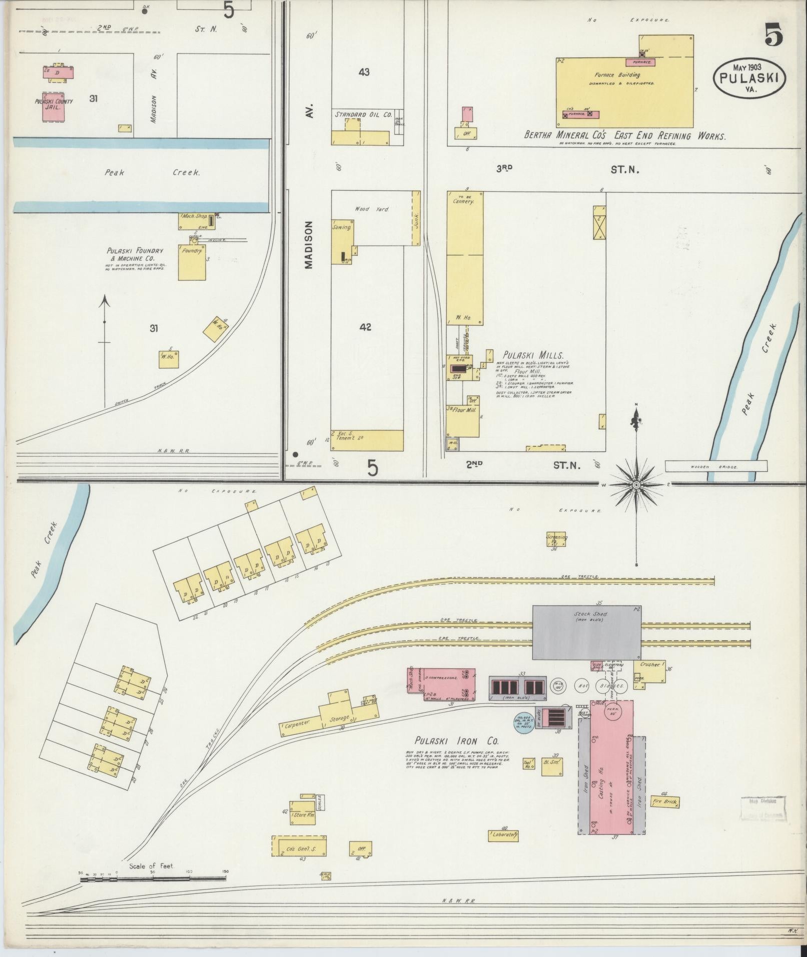 Sanborn Fire Insurance Map from Pulaski, Pulaski County, Virginia (1903), Sheet #0005 - Complete Map Set gallery image, historic Sanborn map, vintage wall art, Virginia Virginia