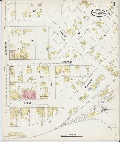 Sanborn Fire Insurance Map from Rhinelander, Oneida County, Wisconsin (1889), Sheet #0003 - Complete Map Set gallery image, historic Sanborn map, vintage wall art, Wisconsin Wisconsin