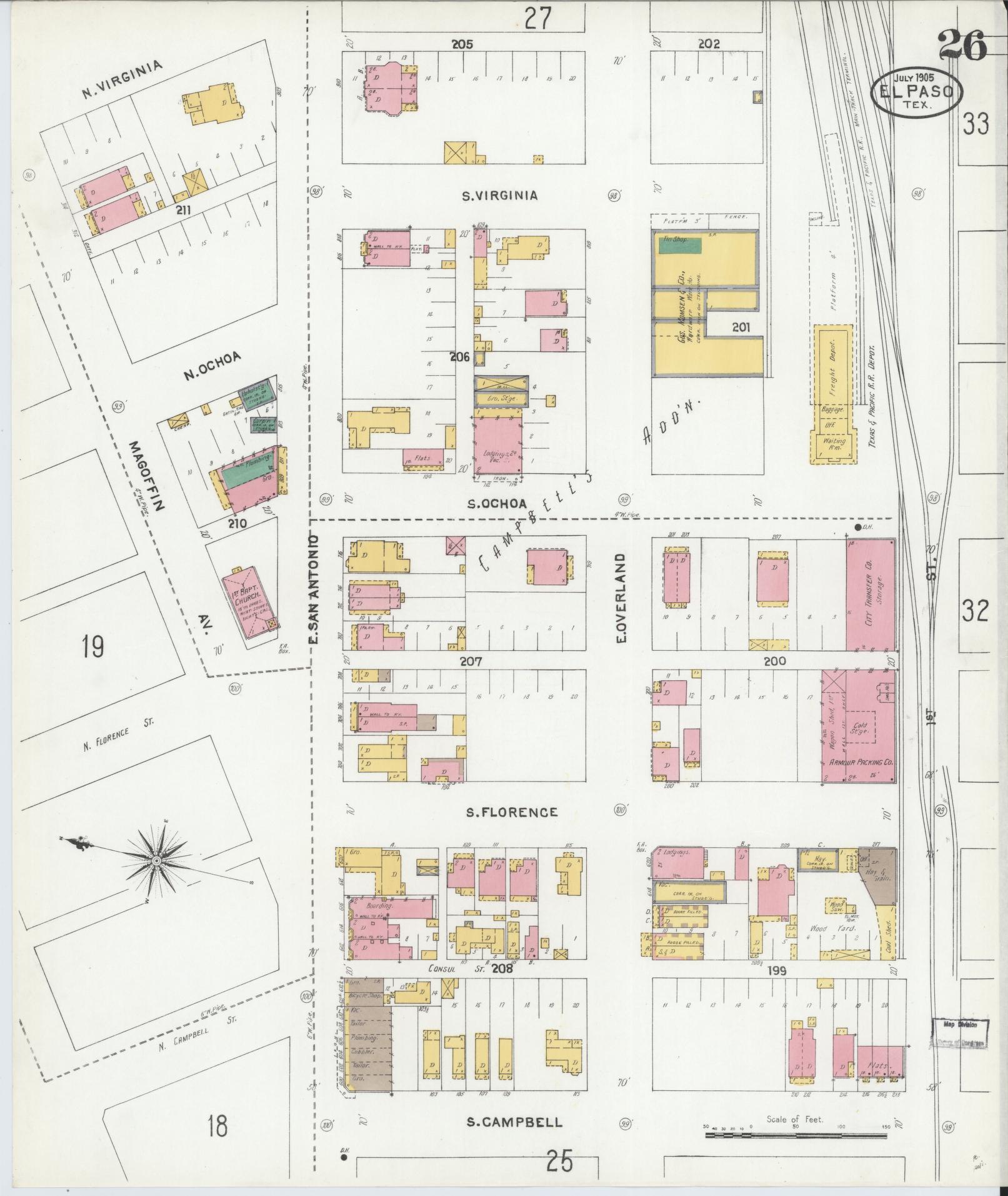 Sanborn Fire Insurance Map from El Paso, El Paso County, Texas (1905), Sheet #0026 - Complete Map Set gallery image, historic Sanborn map, vintage wall art, Texas Texas