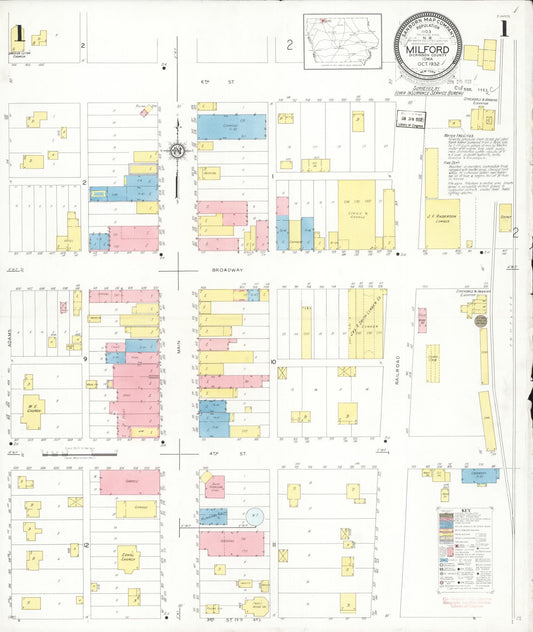 Sanborn Fire Insurance Map from Milford, Dickinson County, Iowa (1932), Sheet #0001 - Historic Sanborn Fire Insurance Map Print, vintage old map wall art