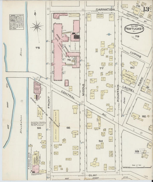 Sanborn Fire Insurance Map from Pawtucket, Providence County, Rhode Island (1884), Sheet #0013 - Historic Sanborn Fire Insurance Map Print, vintage old map wall art, antique decor, genealogy gift, Rhode Island Rhode Island map