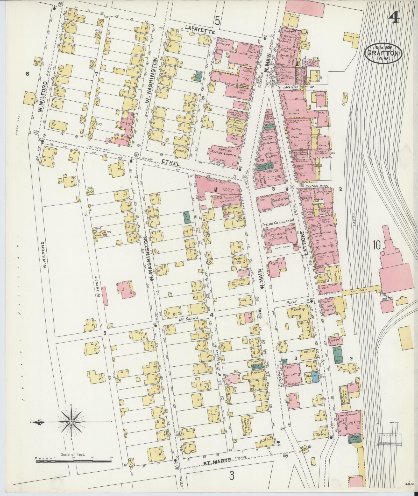 Sanborn Fire Insurance Map from Grafton, Taylor County, West Virginia (1906), Sheet #0004 - Complete Map Set gallery image, historic Sanborn map, vintage wall art, West Virginia West Virginia