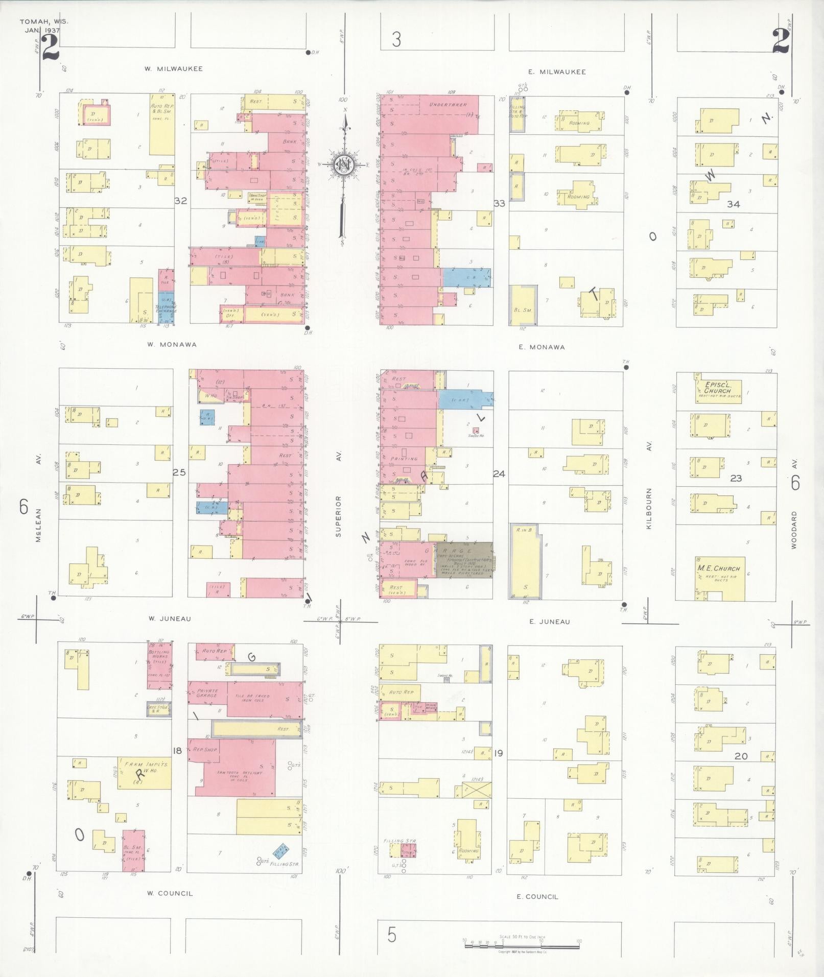 Sanborn Fire Insurance Map from Tomah, Monroe County, Wisconsin (1937), Sheet #0002 - Historic Sanborn Fire Insurance Map Print, vintage old map wall art, antique decor, genealogy gift, Wisconsin Wisconsin map