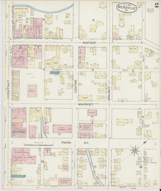 Sanborn Fire Insurance Map from Meadville, Crawford County, Pennsylvania (1886), Sheet #0002 - Historic Sanborn Fire Insurance Map Print, vintage old map wall art, antique decor, genealogy gift, Pennsylvania Pennsylvania map
