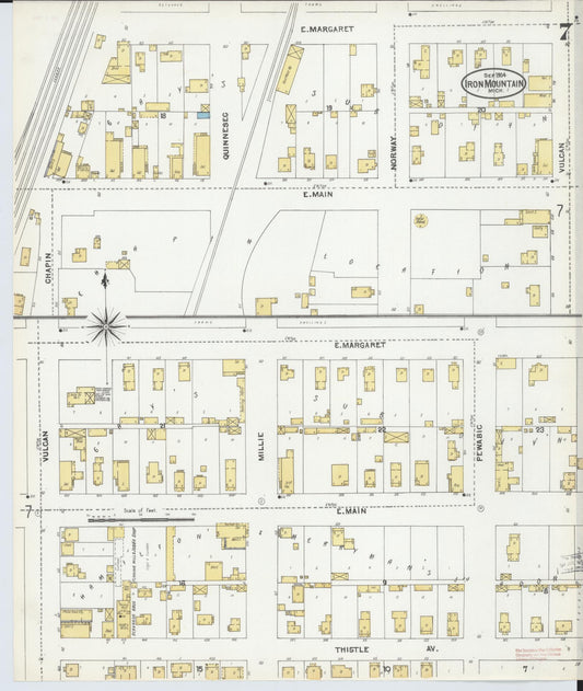 Sanborn Fire Insurance Map from Iron Mountain, Dickinson County, Michigan (1904), Sheet #0007 - Historic Sanborn Fire Insurance Map Print, vintage old map wall art, antique decor, genealogy gift, Michigan Michigan map