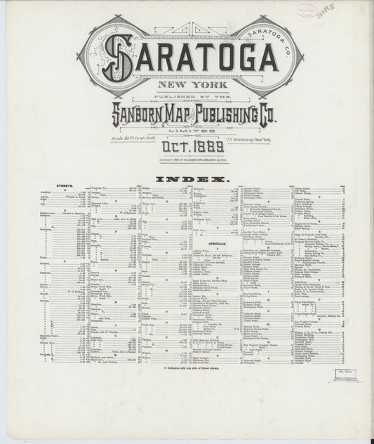 Sanborn Fire Insurance Map from Saratoga, Saratoga County, New York (1889), Sheet #0001 - Historic Sanborn Fire Insurance Map Print, vintage old map wall art, antique decor, genealogy gift, New York New York map