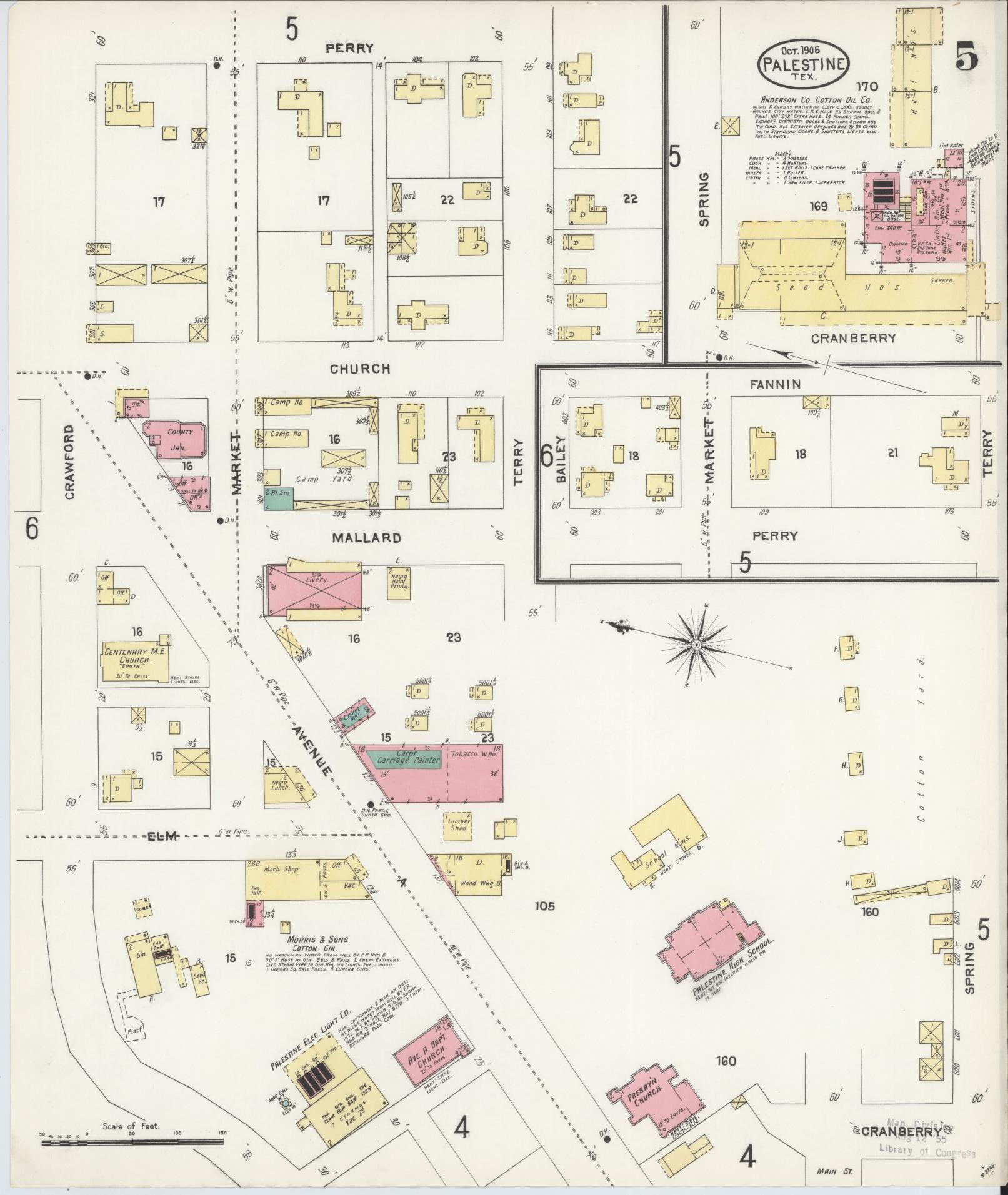 Sanborn Fire Insurance Map from Palestine, Anderson County, Texas (1905), Sheet #0005 - Historic Sanborn Fire Insurance Map Print, vintage old map wall art, antique decor, genealogy gift, Texas Texas map