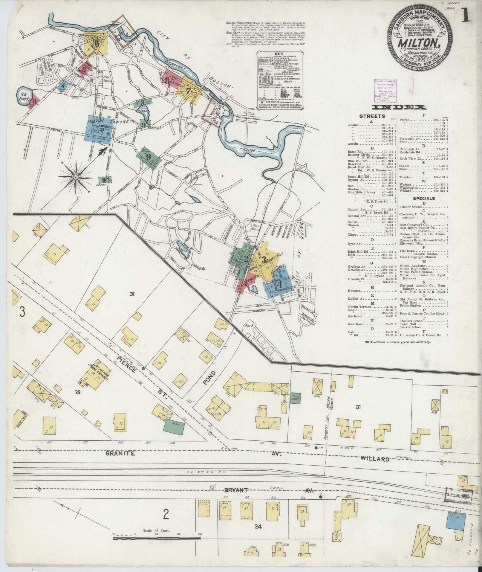 Sanborn Fire Insurance Map from Milton, Norfolk County, Massachusetts (1906), Sheet #0001 - Historic Sanborn Fire Insurance Map Print, vintage old map wall art, antique decor, genealogy gift, Massachusetts Massachusetts map
