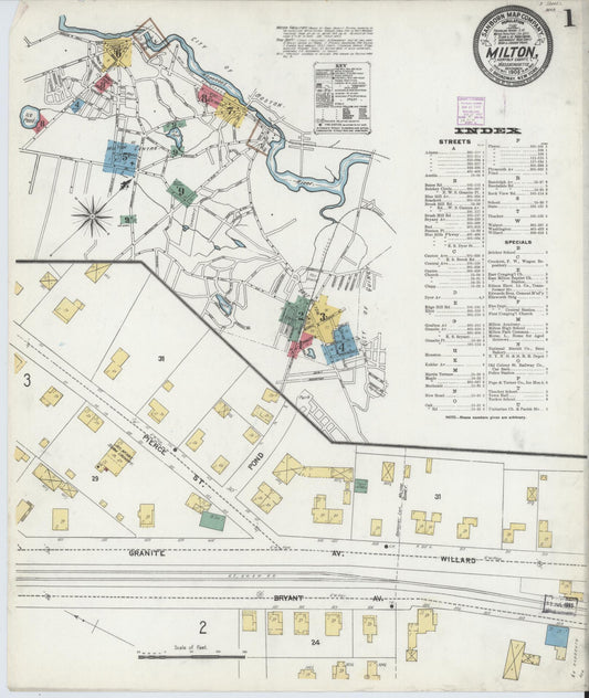 Sanborn Fire Insurance Map from Milton, Norfolk County, Massachusetts (1906), Sheet #0001 - Historic Sanborn Fire Insurance Map Print, vintage old map wall art, antique decor, genealogy gift, Massachusetts Massachusetts map