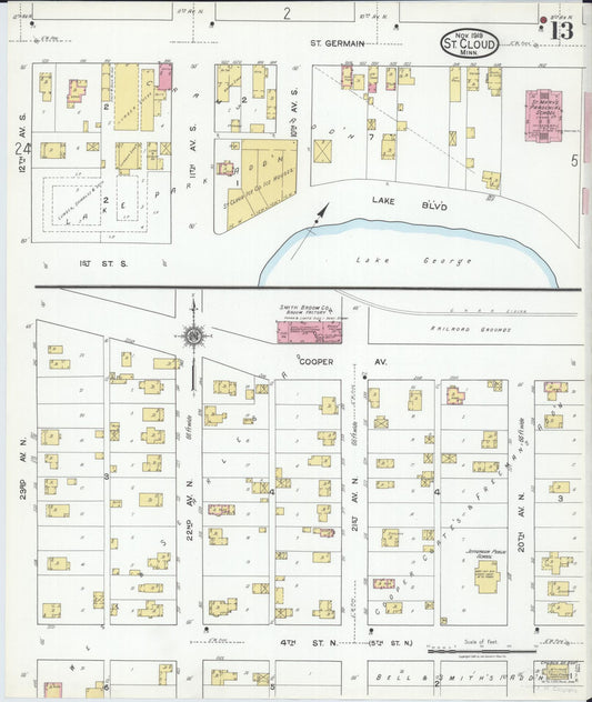 Sanborn Fire Insurance Map from Saint Cloud, Stearns, Benton, and Sherburne Counties, Minnesota (1919), Sheet #0013 - Historic Sanborn Fire Insurance Map Print, vintage old map wall art, antique decor, genealogy gift, Minnesota Minnesota map