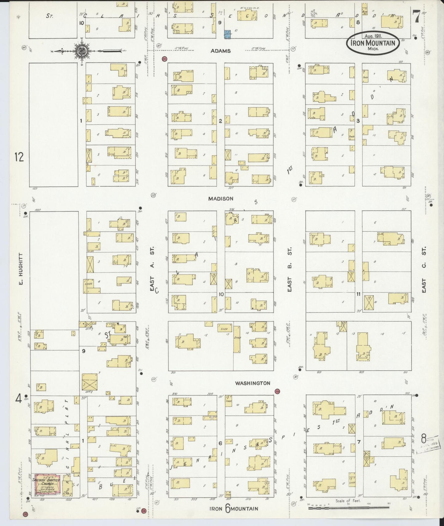 Sanborn Fire Insurance Map from Iron Mountain, Dickinson County, Michigan (1911), Sheet #0007 - Complete Map Set gallery image, historic Sanborn map, vintage wall art, Michigan Michigan