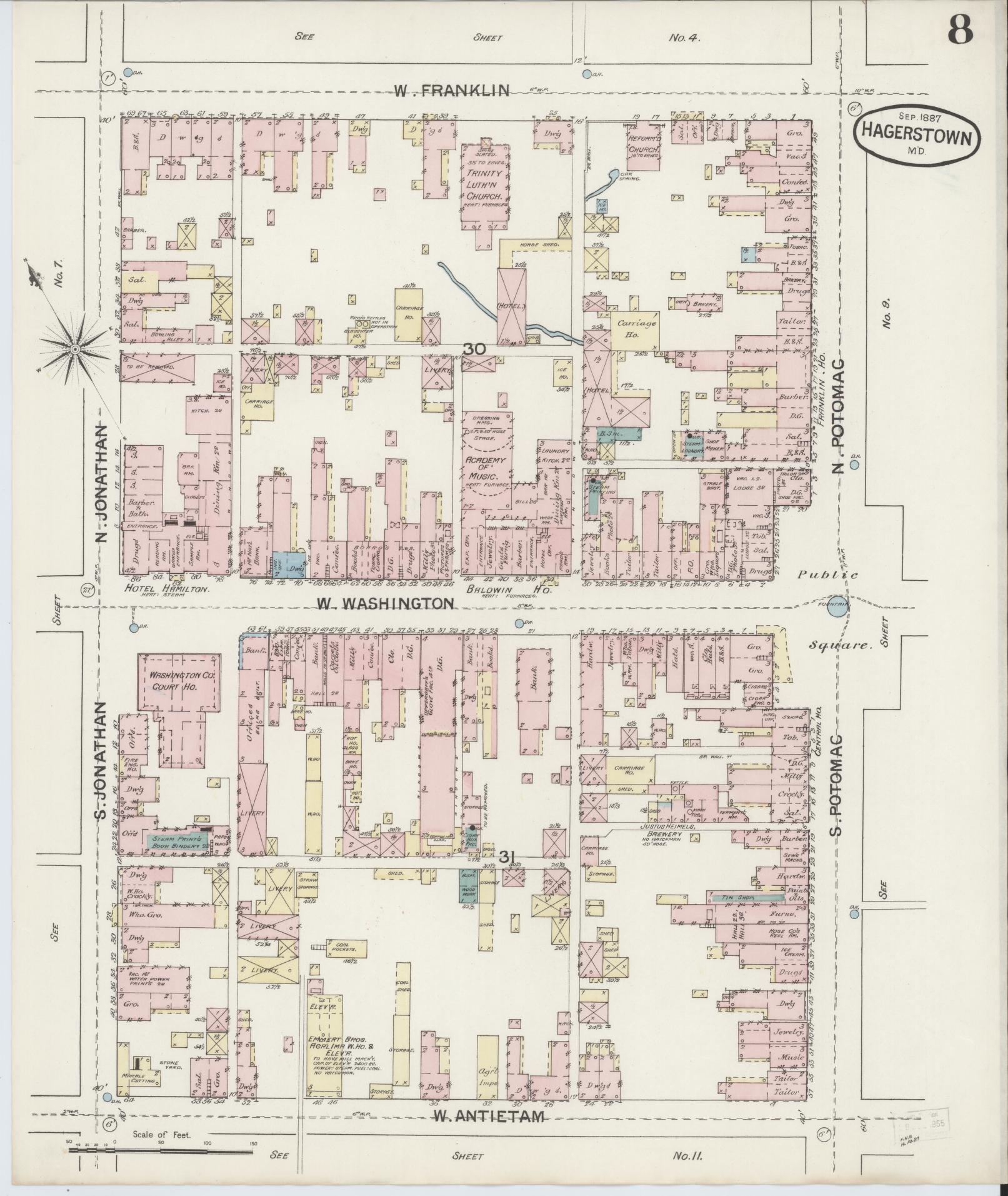 Washington, Maryland - 1887 - Sanborn Fire Insurance Map, Sheet #0008 - Historic Sanborn Fire Insurance Map Print, Washington Maryland 1887 0008 vintage old map wall art