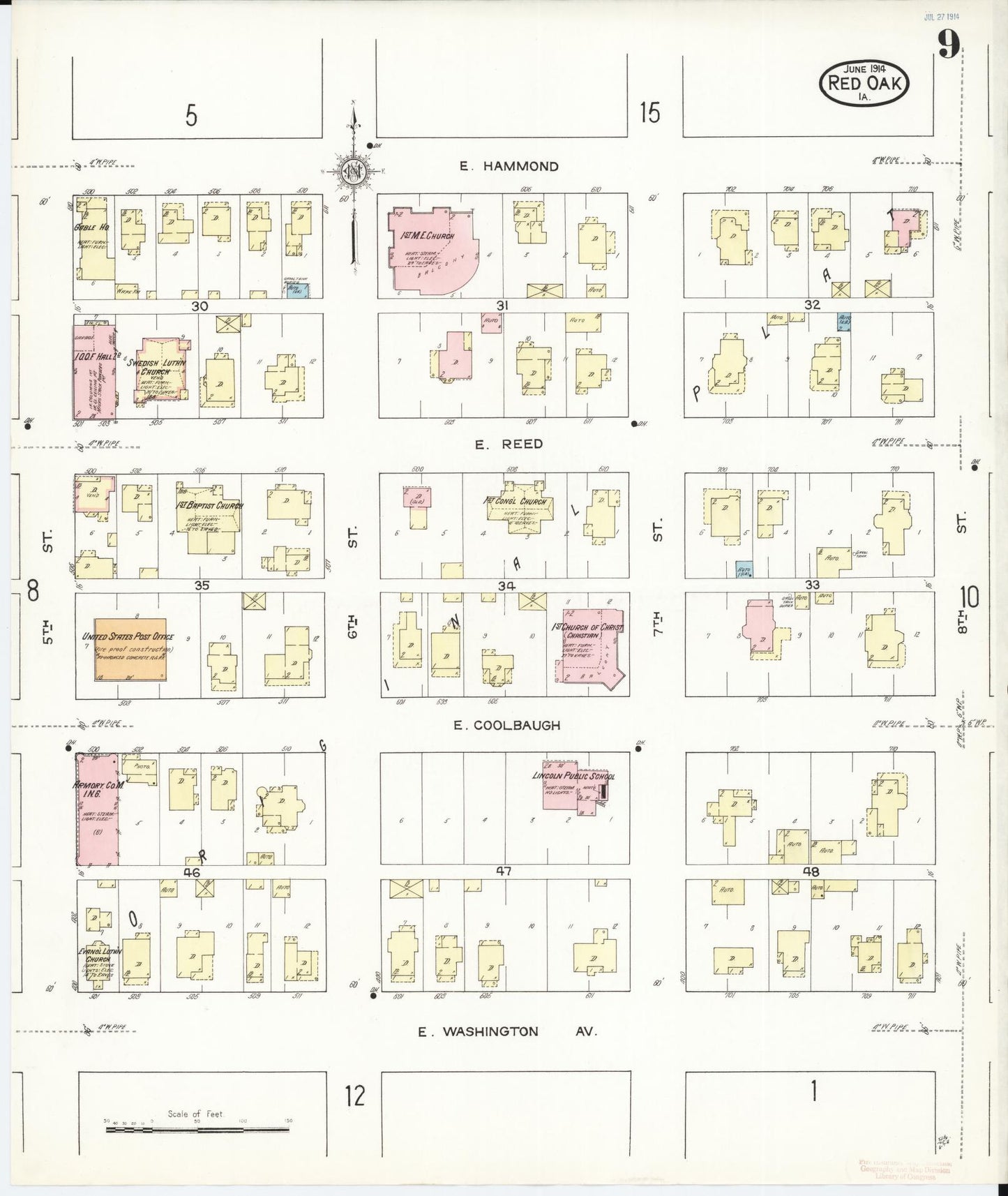 Sanborn Fire Insurance Map from Red Oak, Montgomery County, Iowa (1914), Sheet #0009 - Historic Sanborn Fire Insurance Map Print, vintage old map wall art