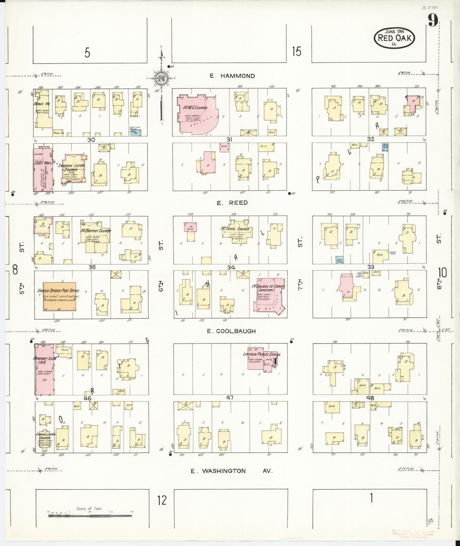 Sanborn Fire Insurance Map from Red Oak, Montgomery County, Iowa (1914), Sheet #0009 - Historic Sanborn Fire Insurance Map Print, vintage old map wall art