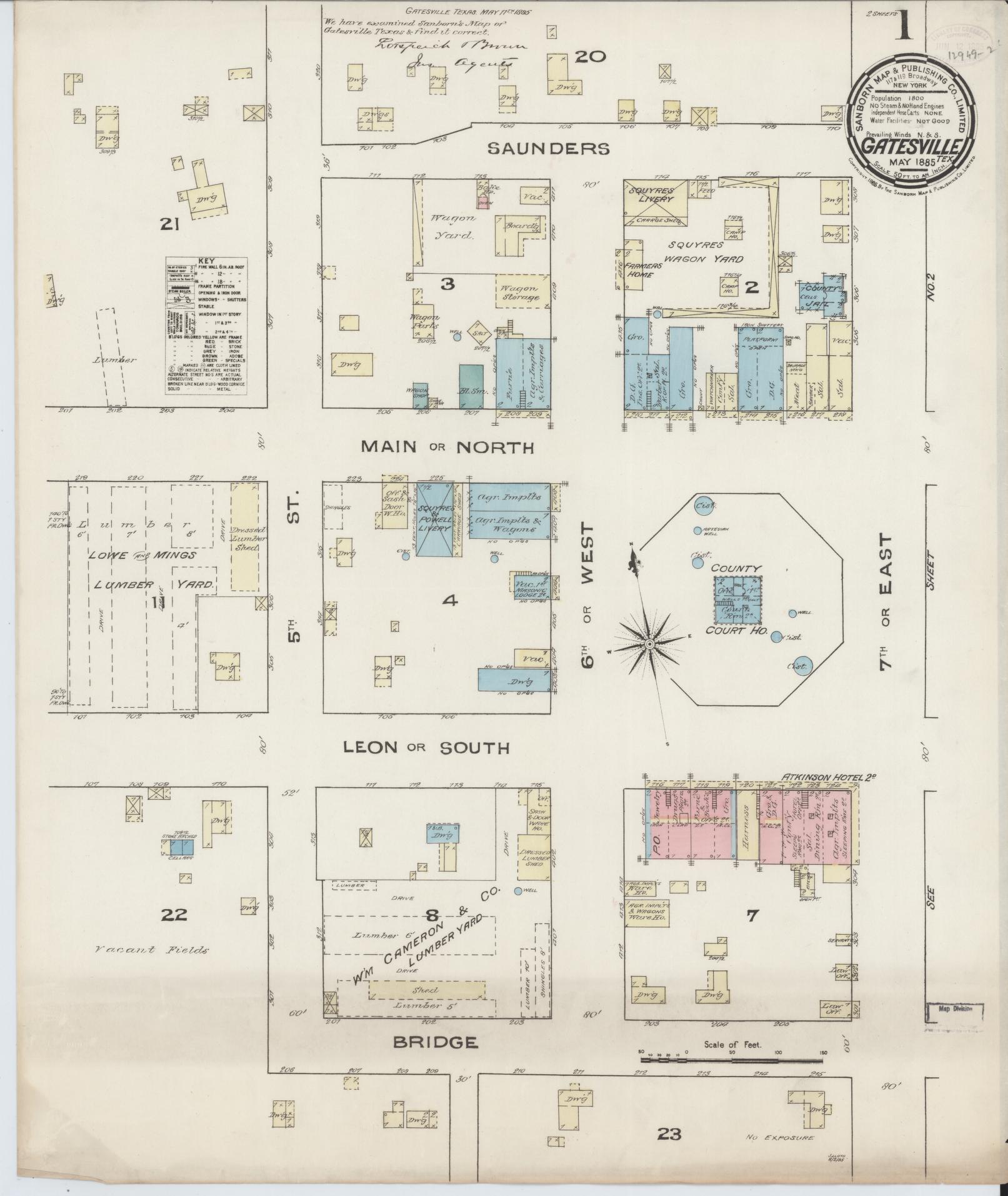 Sanborn Fire Insurance Map from Gatesville, Coryell County, Texas. (1885) – Historic Sanborn Fire Insurance Map Print