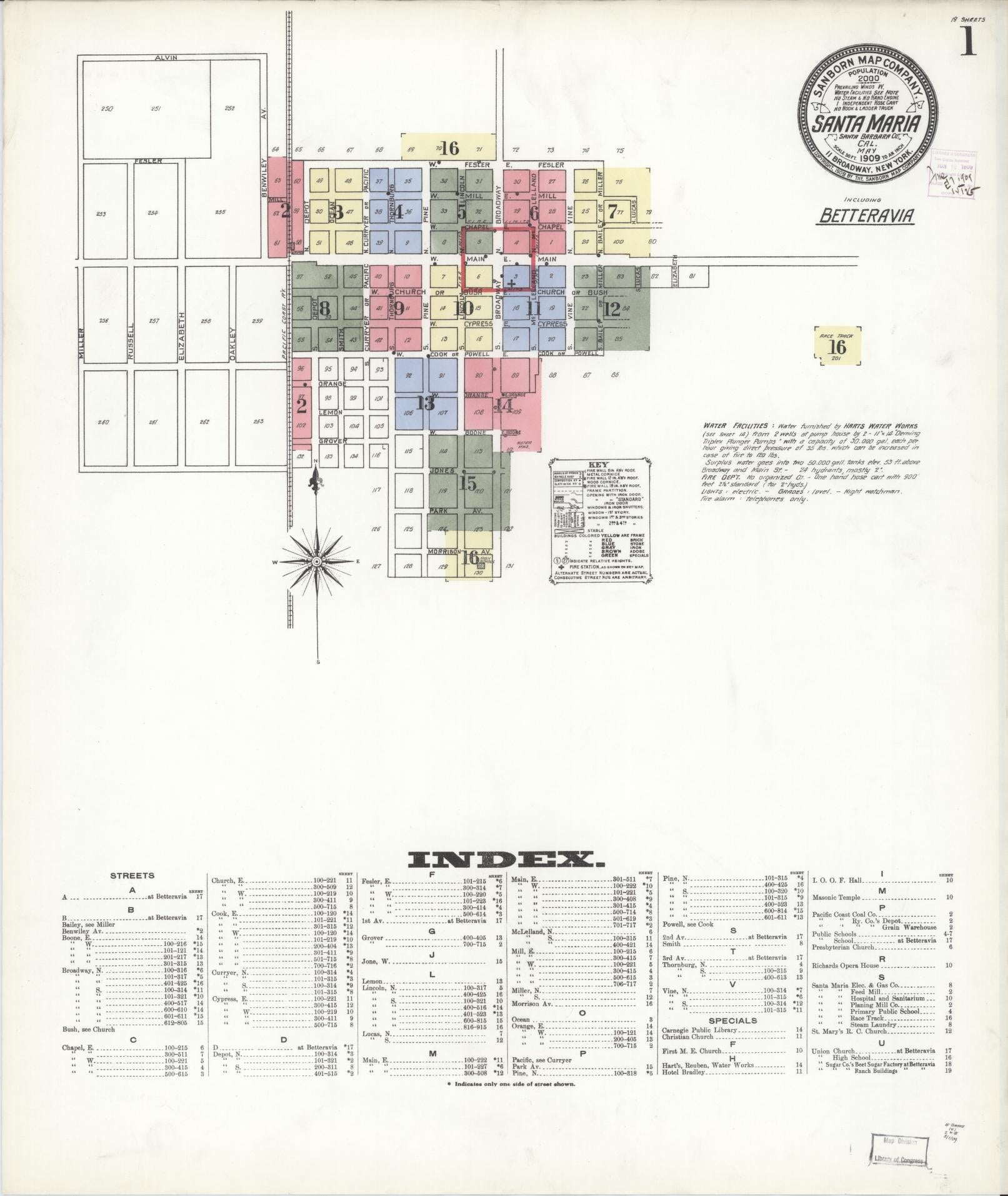 Sanborn Fire Insurance Map from Santa Maria, Santa Barbara County, California (1909), Sheet #0001 - Complete Map Set gallery image, historic Sanborn map, vintage wall art, California California