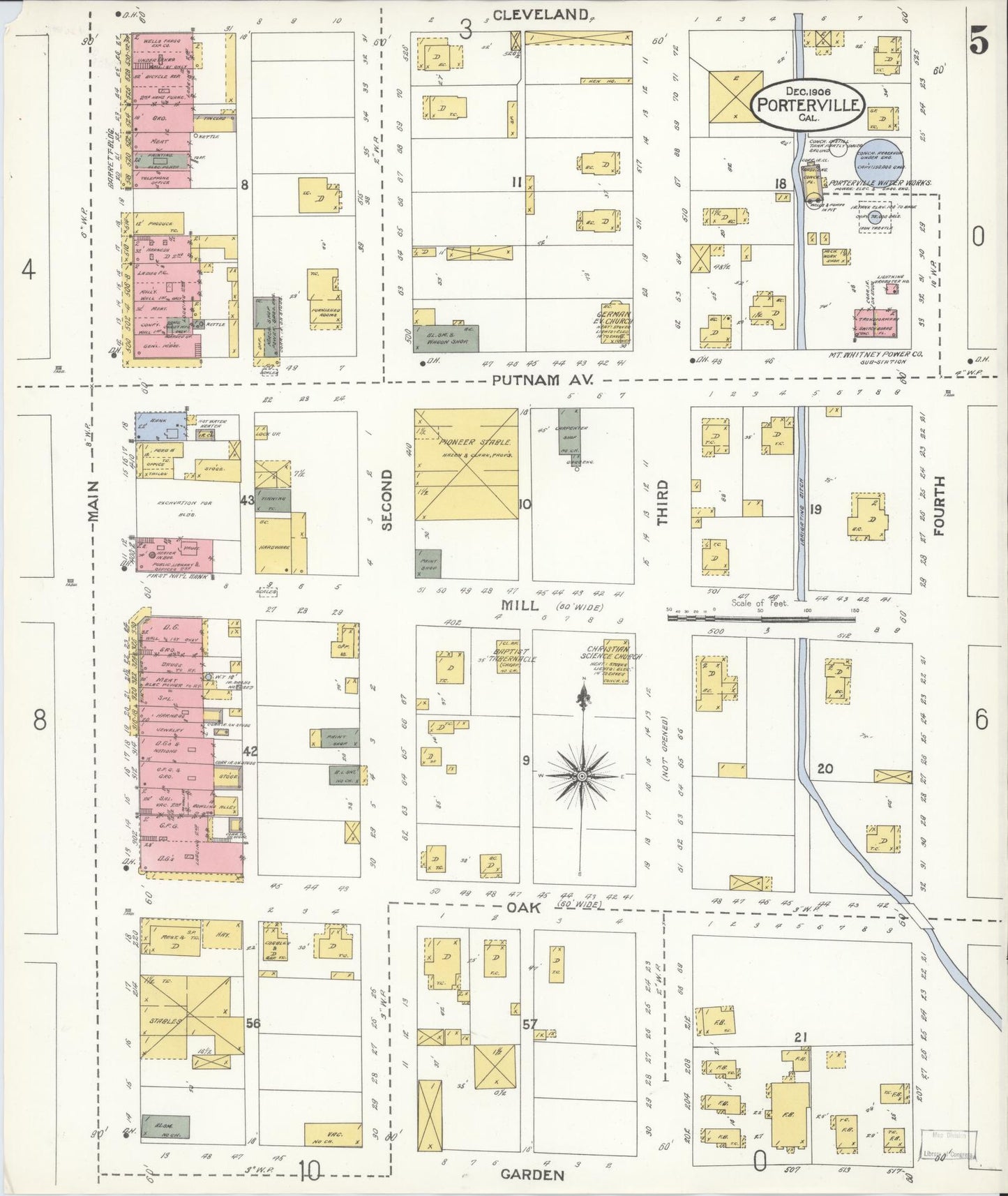 Sanborn Fire Insurance Map from Porterville, Tulare County, California (1906), Sheet #0005 - Complete Map Set gallery image, historic Sanborn map, vintage wall art, California California