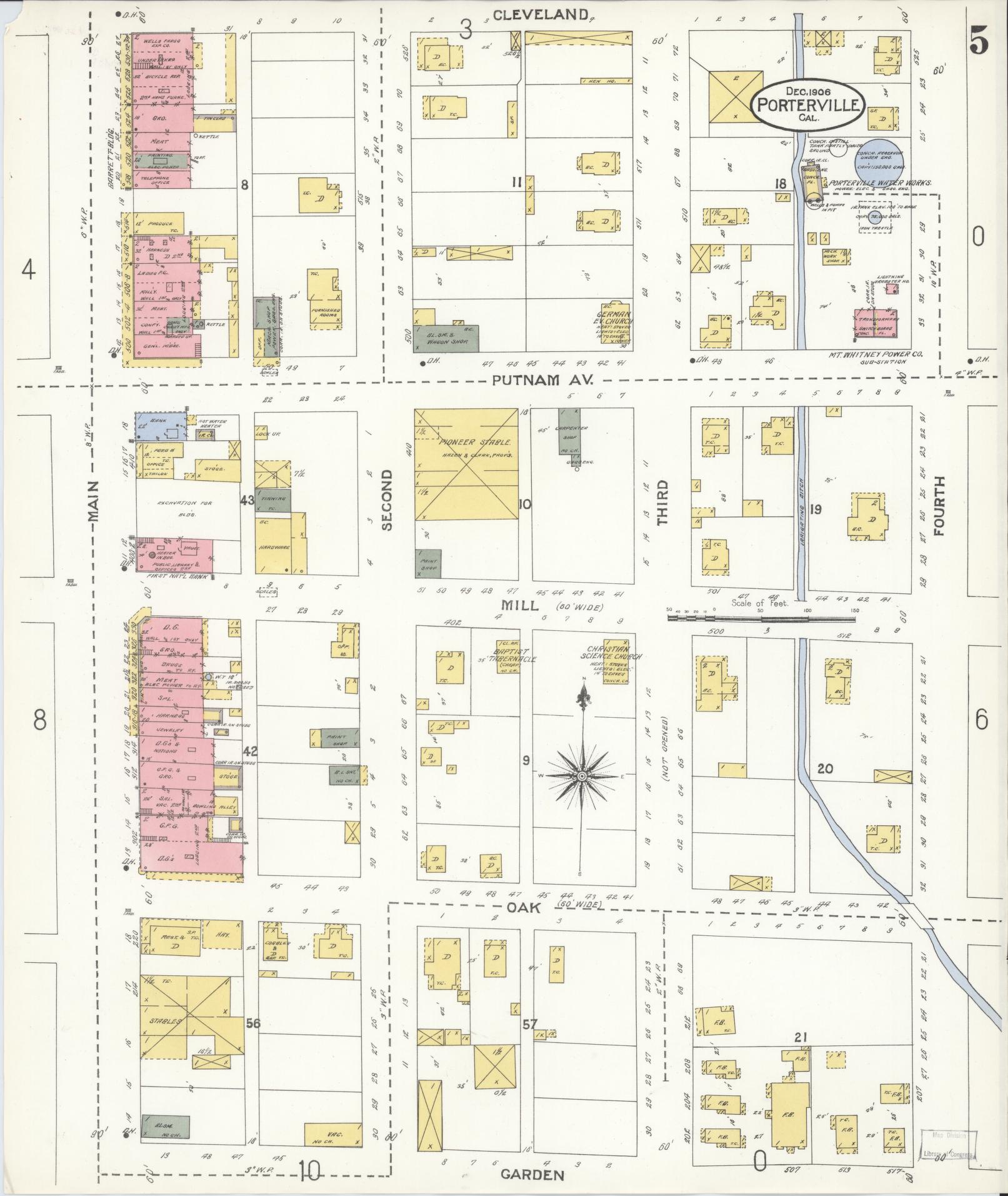 Sanborn Fire Insurance Map from Porterville, Tulare County, California (1906), Sheet #0005 - Complete Map Set gallery image, historic Sanborn map, vintage wall art, California California