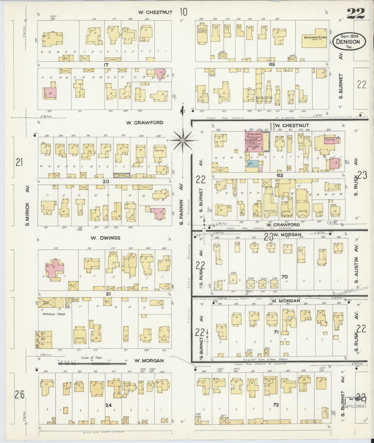 Sanborn Fire Insurance Map from Denison, Grayson County, Texas (1908), Sheet #0022 - Complete Map Set gallery image, historic Sanborn map, vintage wall art, Texas Texas