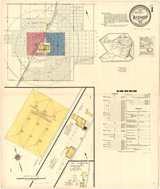 Sanborn Fire Insurance Map from Bishop, Nueces County, Texas (1922), Sheet #0001 - Historic Sanborn Fire Insurance Map Print, vintage old map wall art, antique decor, genealogy gift, Texas Texas map