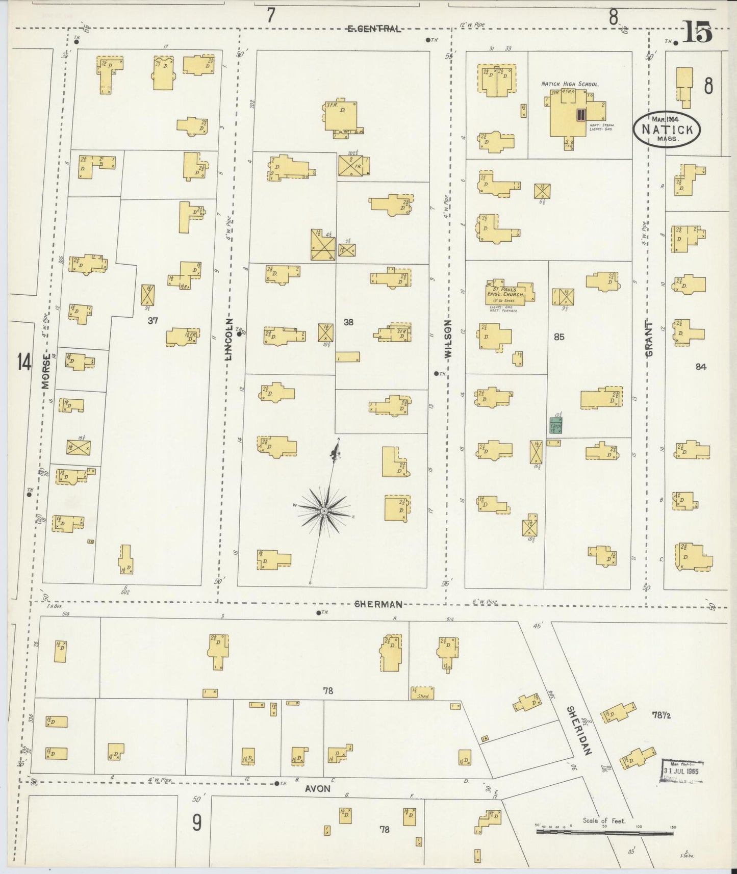 Sanborn Fire Insurance Map from Natick, Middlesex County, Massachusetts (1904), Sheet #0015 - Historic Sanborn Fire Insurance Map Print, vintage old map wall art, antique decor, genealogy gift, Massachusetts Massachusetts map