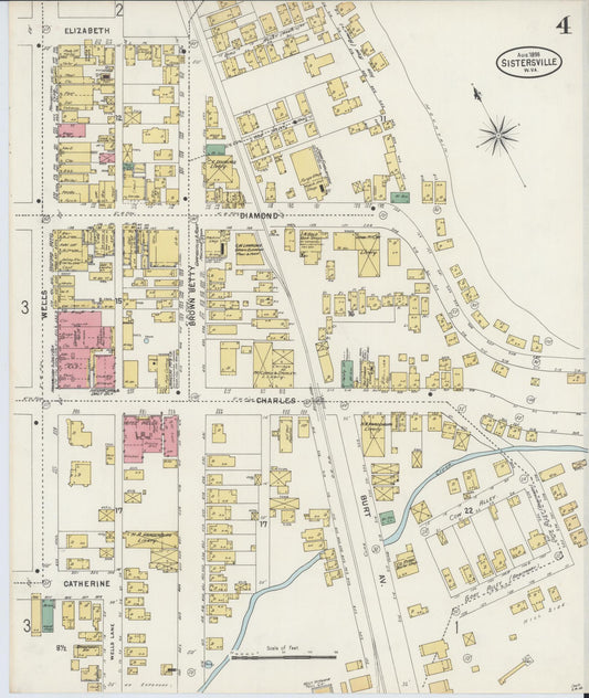 Sanborn Fire Insurance Map from Sistersville, Tyler County, West Virginia (1898), Sheet #0004 - Historic Sanborn Fire Insurance Map Print, vintage old map wall art, antique decor, genealogy gift, West Virginia West Virginia map