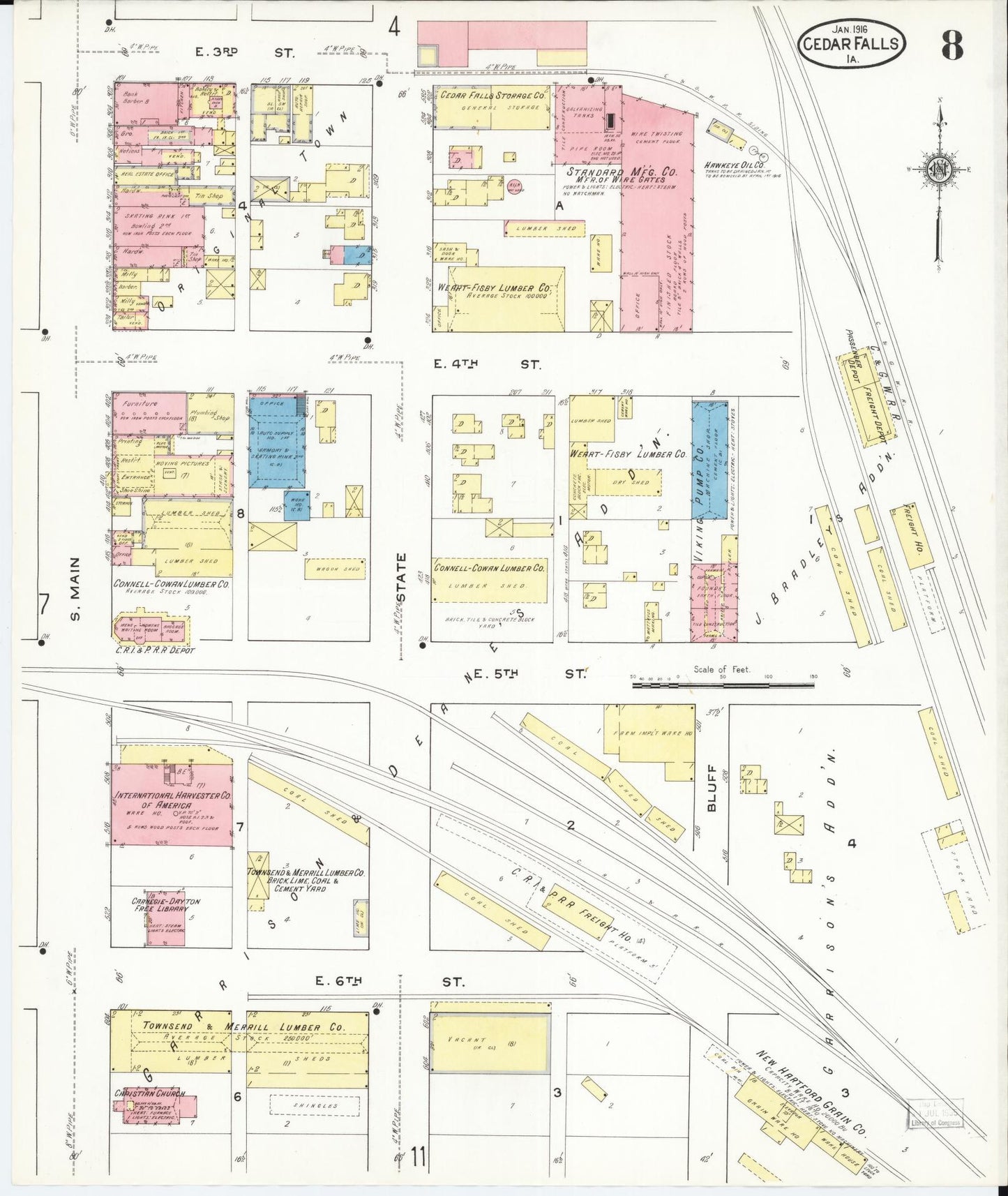 Sanborn Fire Insurance Map from Cedar Falls, Black Hawk County, Iowa (1916), Sheet #0008 - Historic Sanborn Fire Insurance Map Print, vintage old map wall art