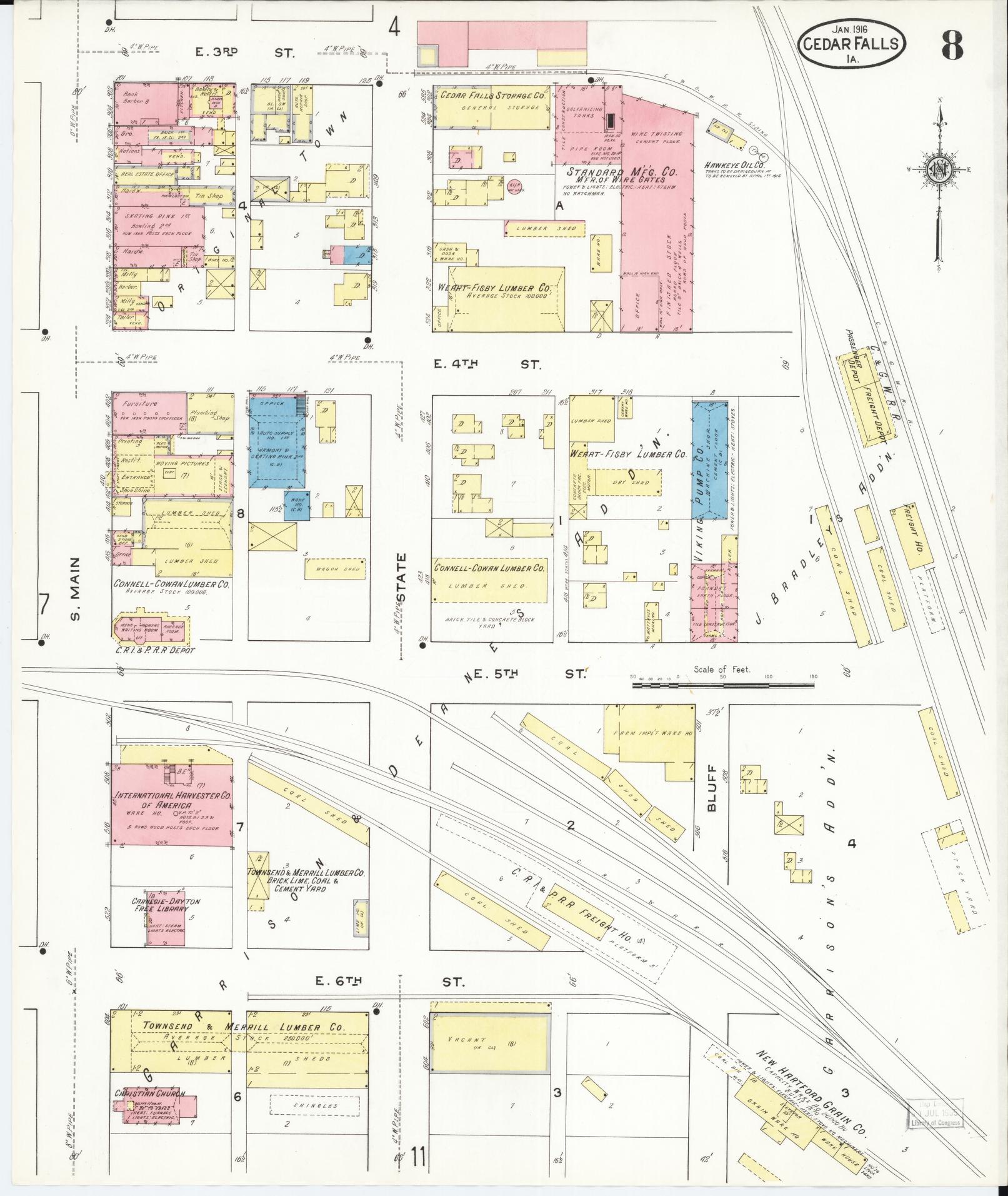 Sanborn Fire Insurance Map from Cedar Falls, Black Hawk County, Iowa (1916), Sheet #0008 - Historic Sanborn Fire Insurance Map Print, vintage old map wall art