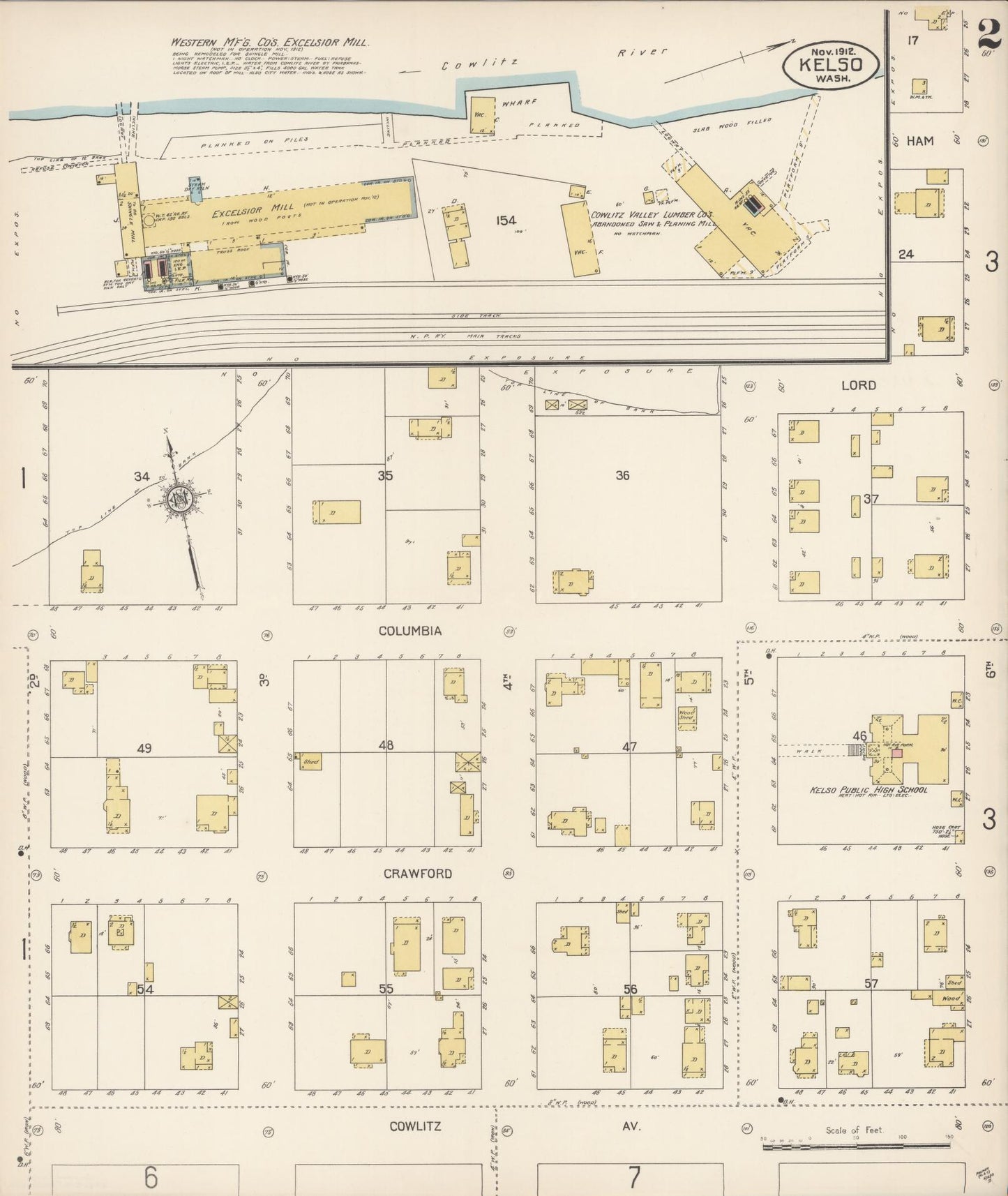 Sanborn Fire Insurance Map from Kelso, Cowlitz County, Washington (1912), Sheet #0002 - Complete Map Set gallery image, historic Sanborn map, vintage wall art, Washington Washington