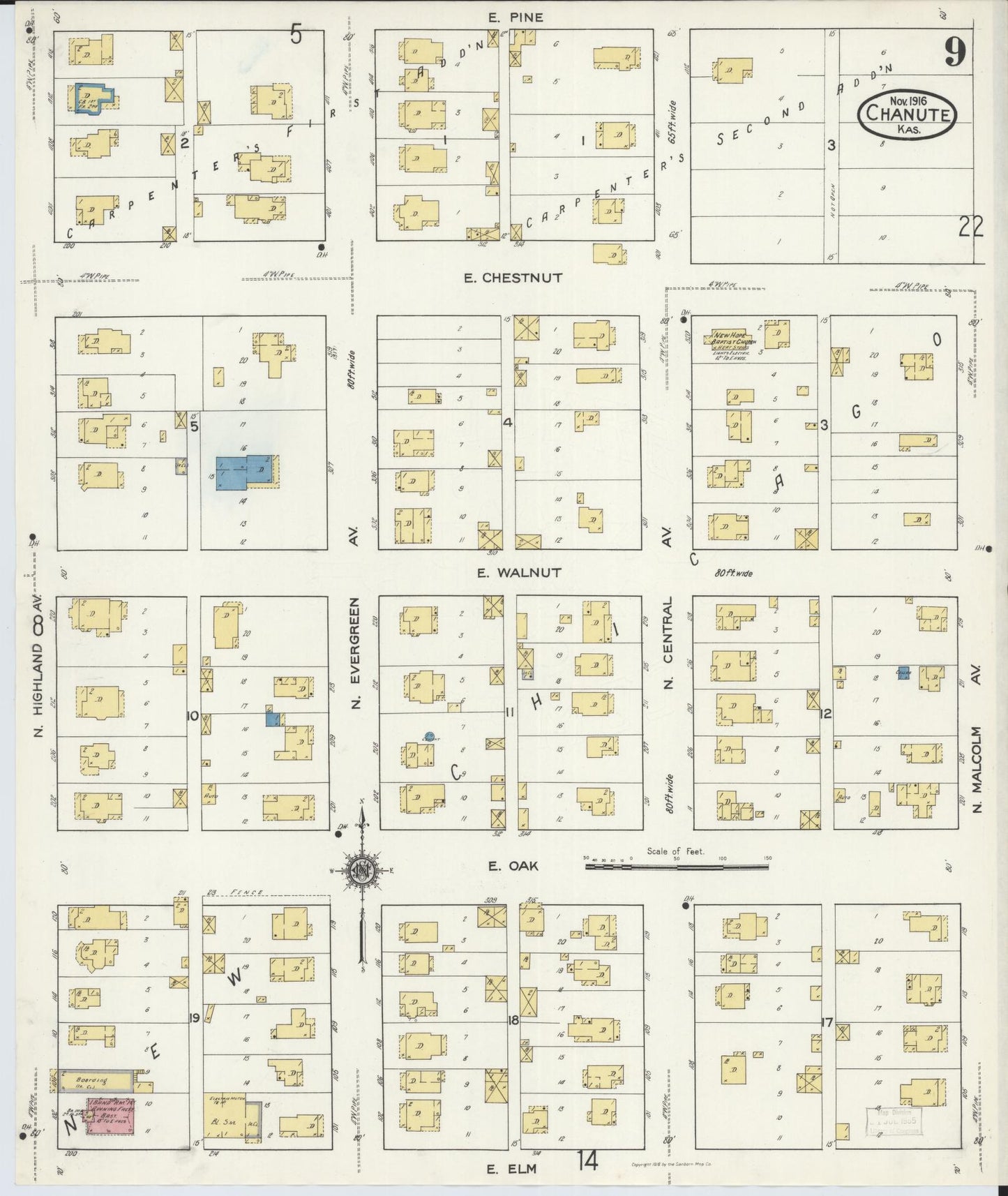 Sanborn Fire Insurance Map from Chanute, Neosho County, Kansas (1916), Sheet #0009 - Complete Map Set gallery image, historic Sanborn map, vintage wall art, Kansas Kansas