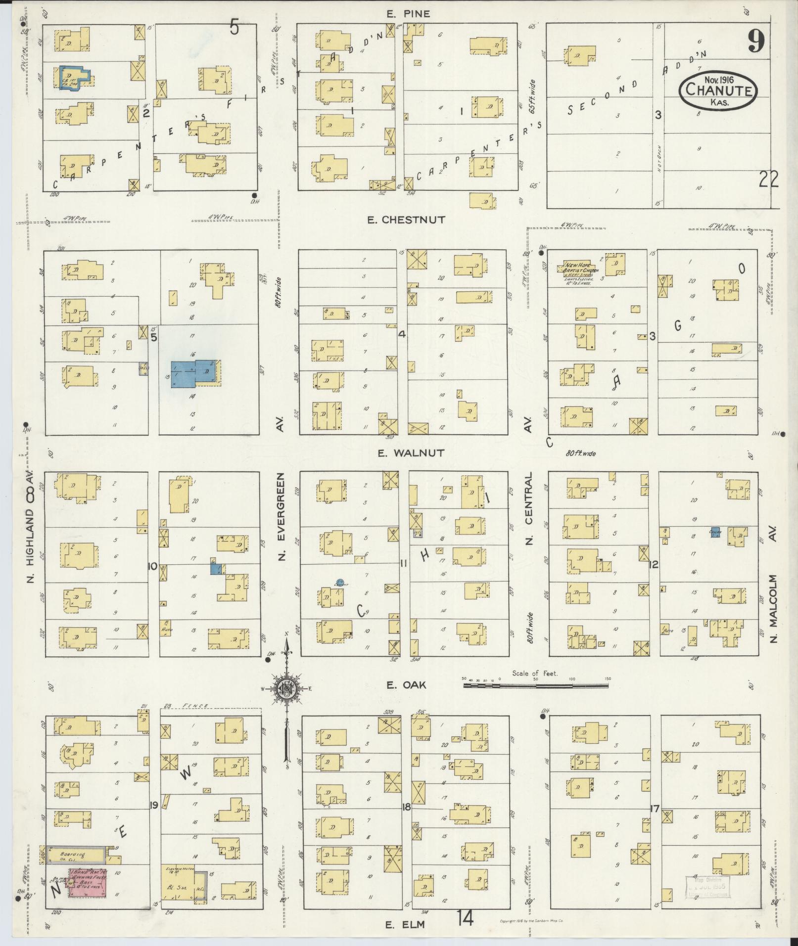 Sanborn Fire Insurance Map from Chanute, Neosho County, Kansas (1916), Sheet #0009 - Complete Map Set gallery image, historic Sanborn map, vintage wall art, Kansas Kansas