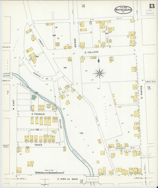 Sanborn Fire Insurance Map from Waynesburg, Greene County, Pennsylvania (1908), Sheet #0013 - Historic Sanborn Fire Insurance Map Print, vintage old map wall art, antique decor, genealogy gift, Pennsylvania Pennsylvania map