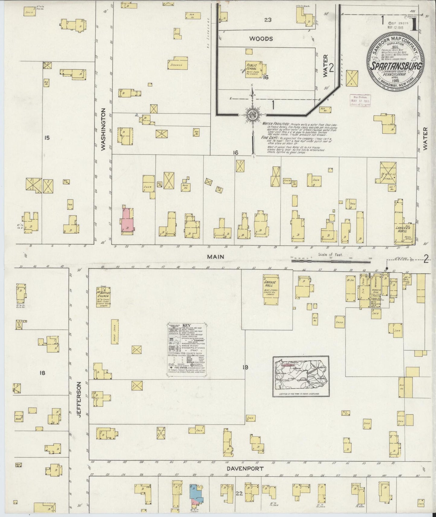 Sanborn Fire Insurance Map from Spartansburg, Crawford County, Pennsylvania (1915), Sheet #0001 - Complete Map Set gallery image, historic Sanborn map, vintage wall art, Pennsylvania Pennsylvania