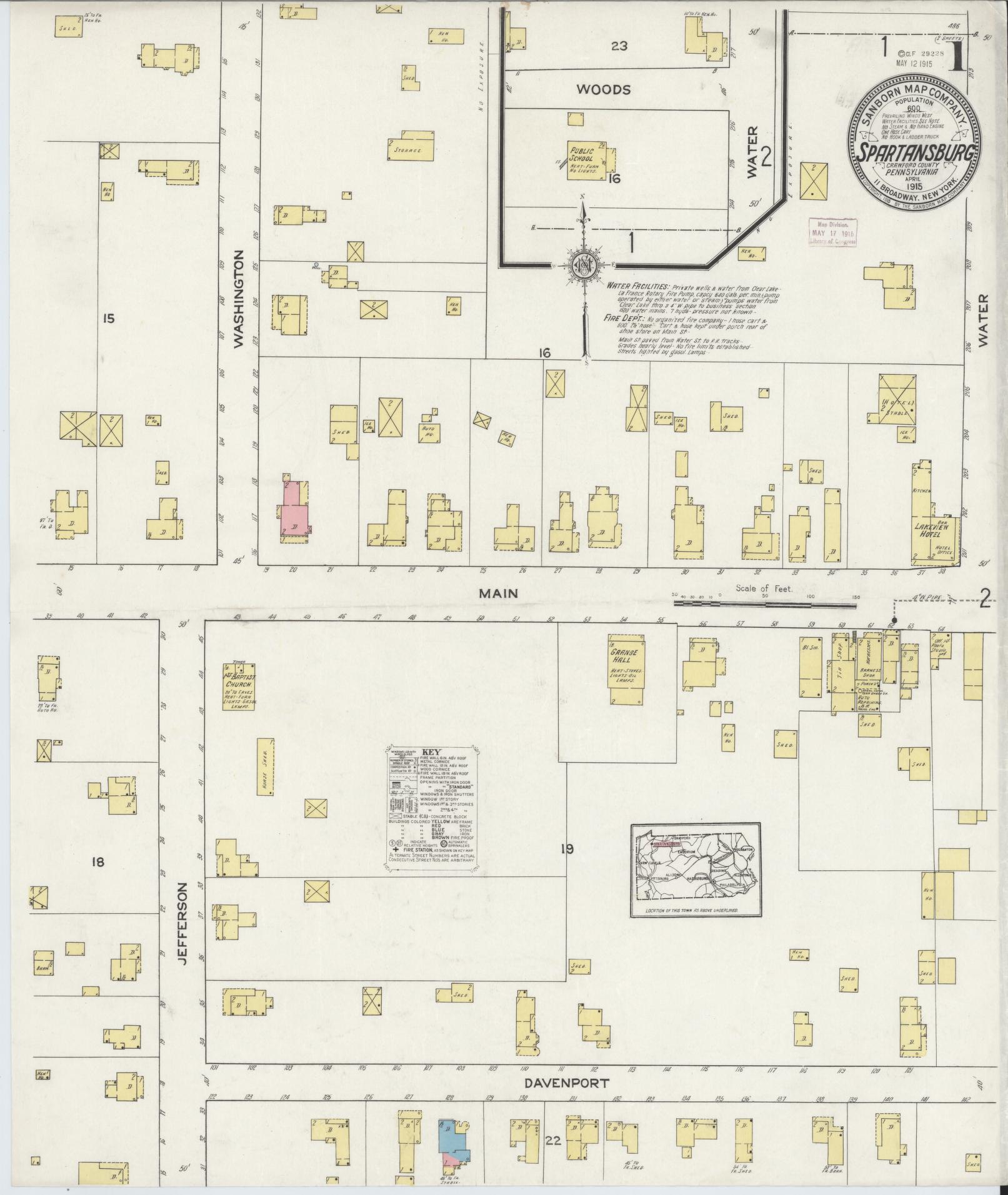 Sanborn Fire Insurance Map from Spartansburg, Crawford County, Pennsylvania (1915), Sheet #0001 - Complete Map Set gallery image, historic Sanborn map, vintage wall art, Pennsylvania Pennsylvania