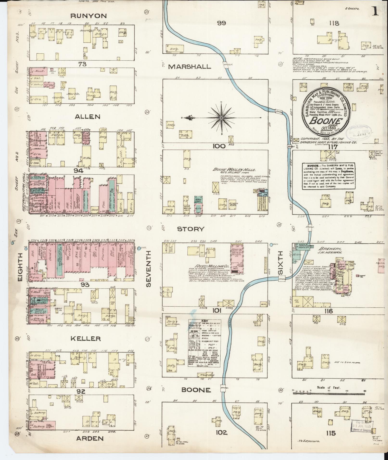 Sanborn Fire Insurance Map from Boone, Boone County, Iowa (1883), Sheet #0001 - Historic Sanborn Fire Insurance Map Print, vintage old map wall art