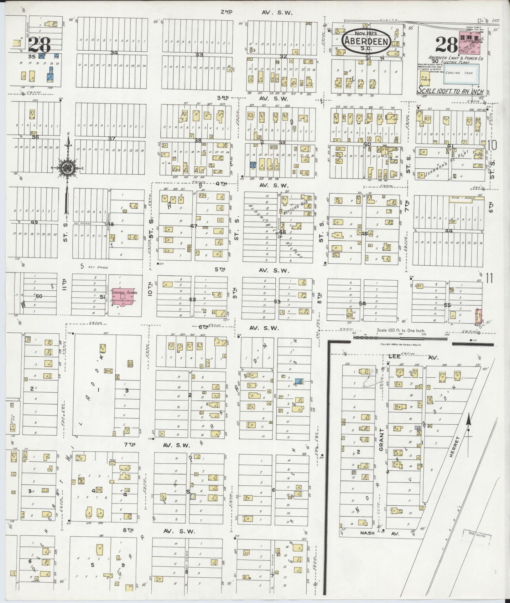 Sanborn Fire Insurance Map from Aberdeen, Brown County, South Dakota (1923), Sheet #0028 - Complete Map Set gallery image, historic Sanborn map, vintage wall art, South Dakota South Dakota