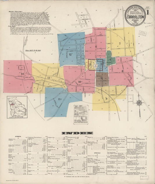 Sanborn Fire Insurance Map from Carrollton, Carroll County, Georgia (1922), Sheet #0001 - Historic Sanborn Fire Insurance Map Print, vintage old map wall art, antique decor, genealogy gift, Georgia Georgia map