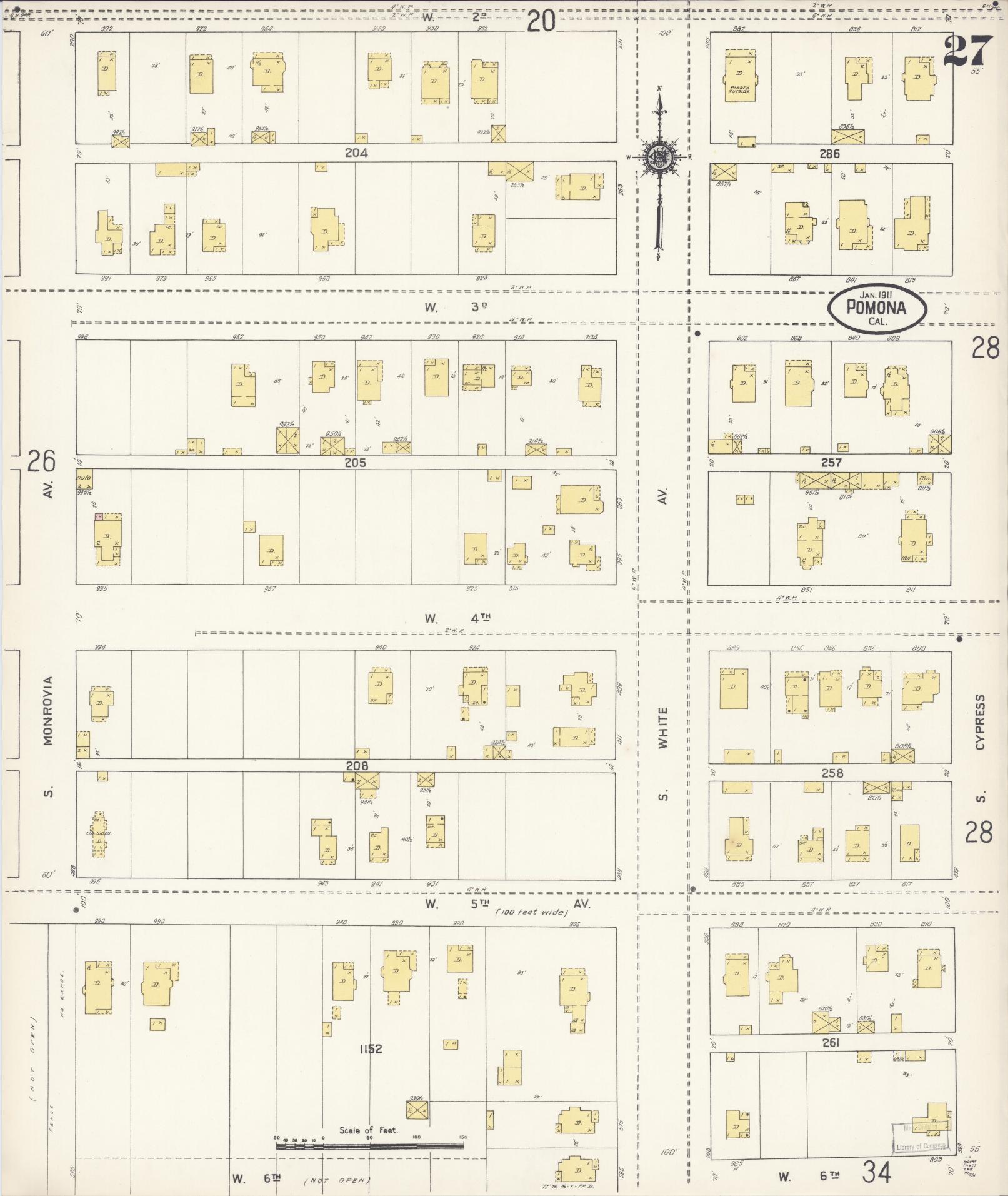 Sanborn Fire Insurance Map from Pomona, Los Angeles County, California (1911), Sheet #0027 - Complete Map Set gallery image, historic Sanborn map, vintage wall art, California California
