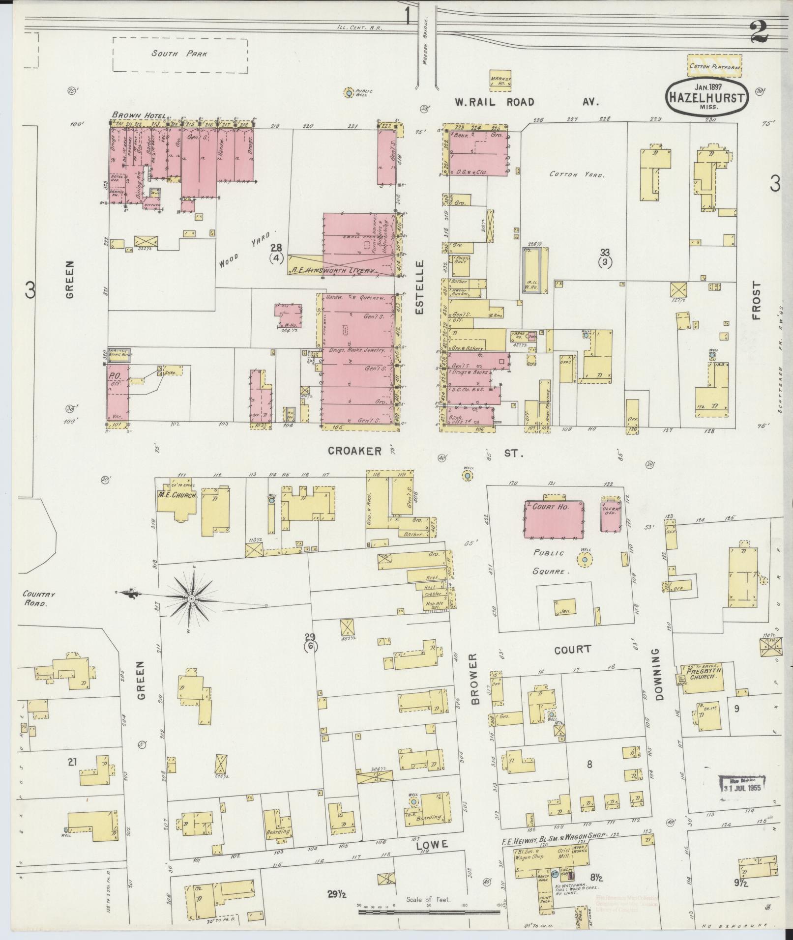 Sanborn Fire Insurance Map from Hazlehurst, Copiah County, Mississippi (1897), Sheet #0002 - Historic Sanborn Fire Insurance Map Print, vintage old map wall art, antique decor, genealogy gift, Mississippi Mississippi map