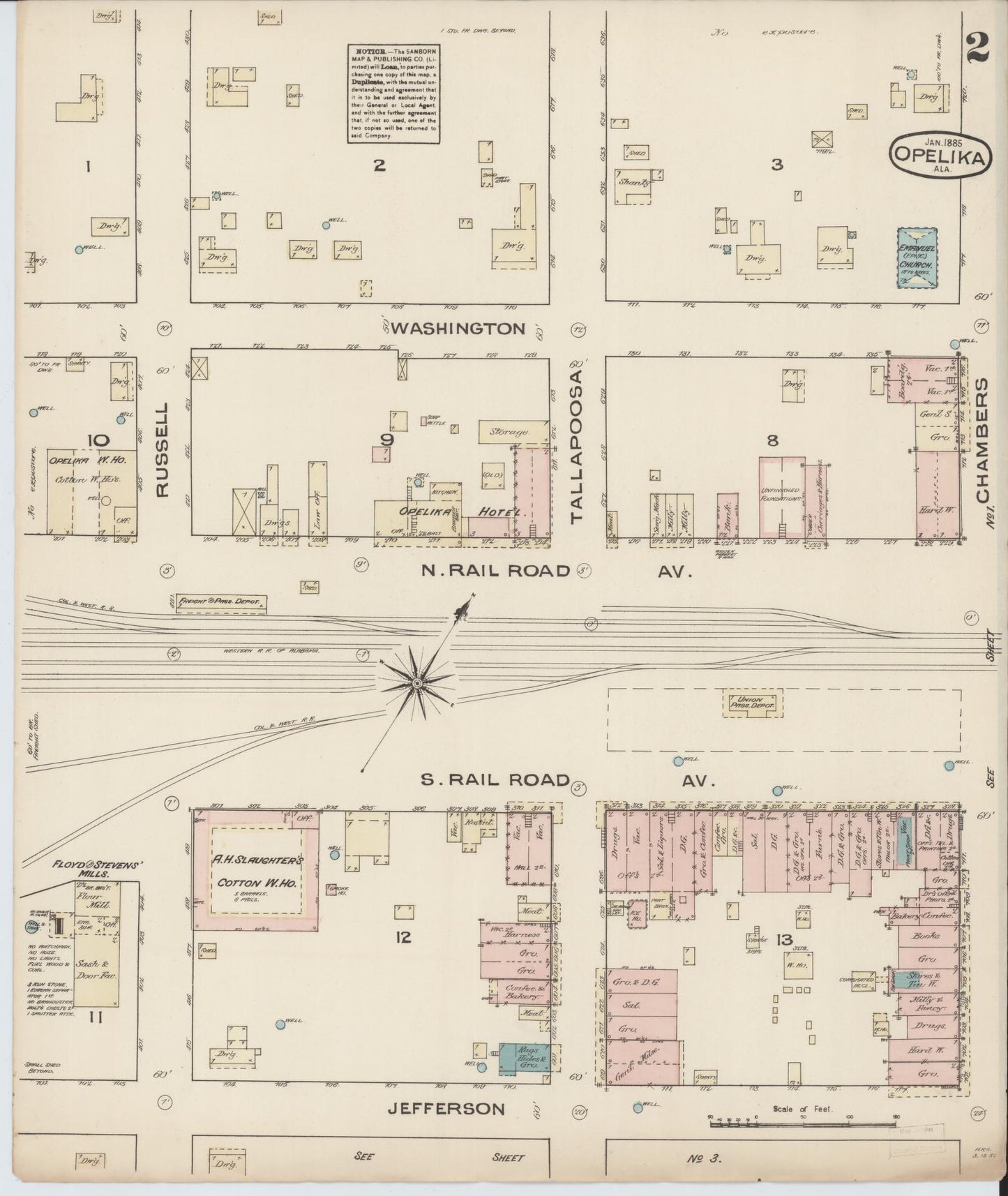 Sanborn Fire Insurance Map from Opelika, Lee County, Alabama (1885), Sheet #0002 - Historic Sanborn Fire Insurance Map Print, vintage old map wall art, antique decor, genealogy gift, Alabama Alabama map